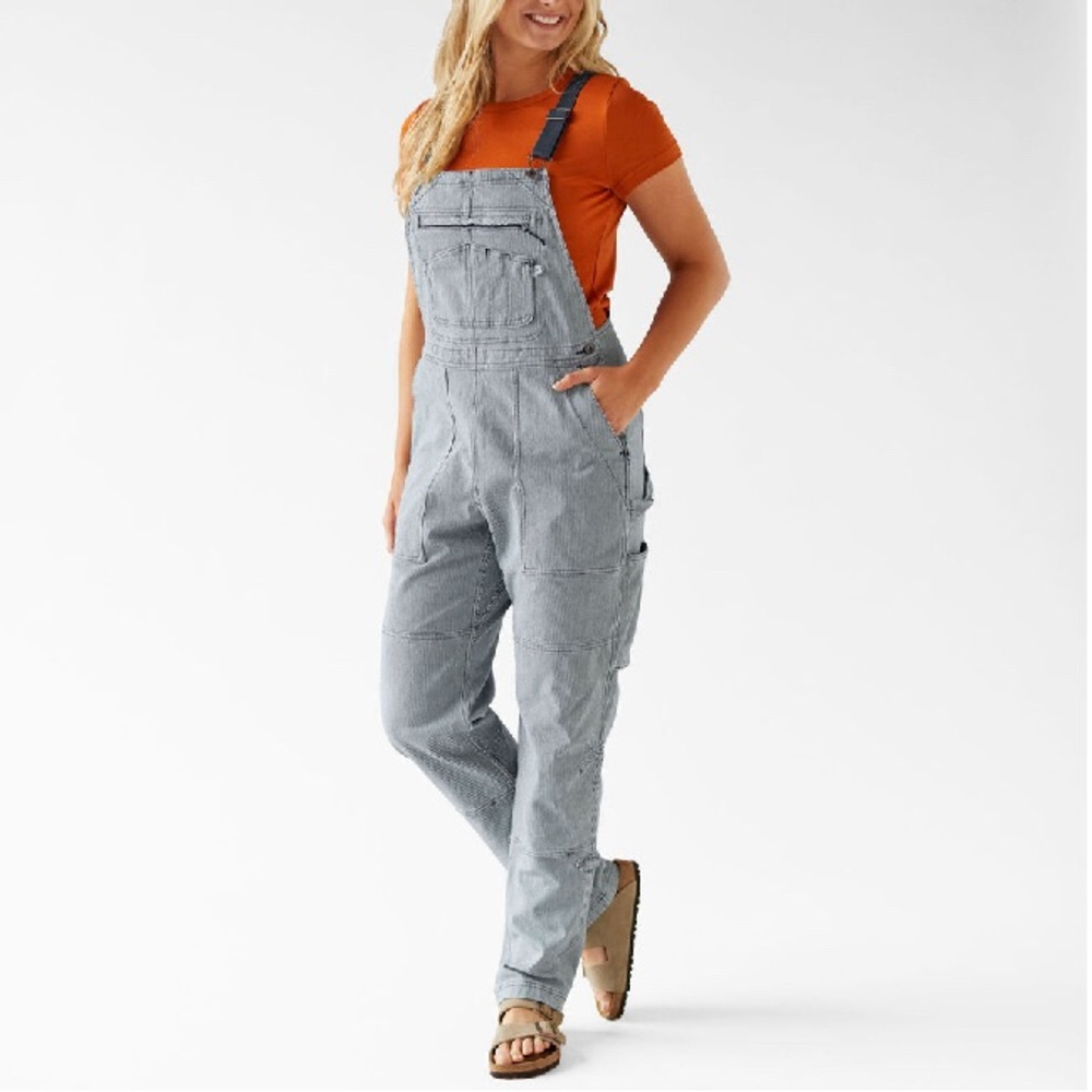 Duluth Trading Co Blue Stripe Overalls with Orange Tee